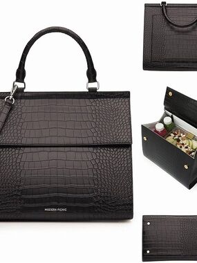 NWT-Modern Picnic “The Large Luncher” Insulated Black Croc-Embossed Lunch Tote